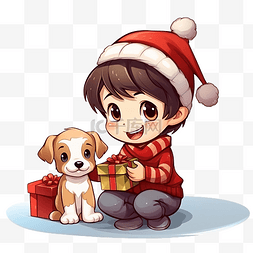 狗与人卡通图片_卡通可爱的圣诞男孩给狗送礼物矢
