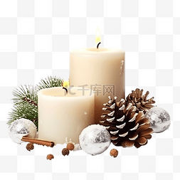 绿金图片_圣诞组合物与燃烧的蜡烛和雪上的