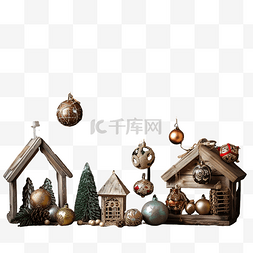圣诞老人和框图片_质朴木材上的圣诞装饰玩具和装饰