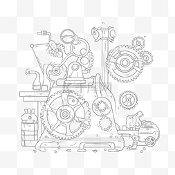 齿轮背景线图片_在白色背景轮廓草图上用蒸汽机绘