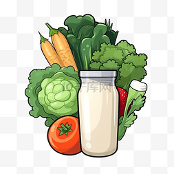 吃蔬菜水果图片_贴纸风格健康食品束牛奶蔬菜水果