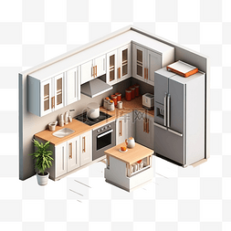 3d卡通家具图片_最小厨房房间的等距和标高的 3D 