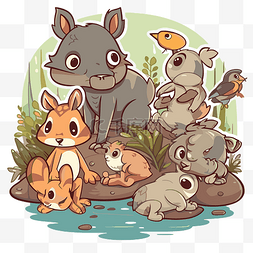 一群动物坐在河里 向量