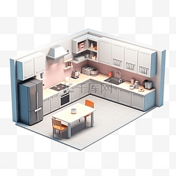 卡通的柜台图片_最小厨房房间的等距和标高的 3D 