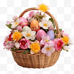 鲜花彩蛋图片_装有复活节彩蛋和鲜花的篮子
