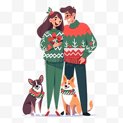 新年狗元素图片_可爱快乐的年轻夫妇穿着圣诞毛衣