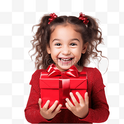 快乐的小女孩带着圣诞礼物打开惊