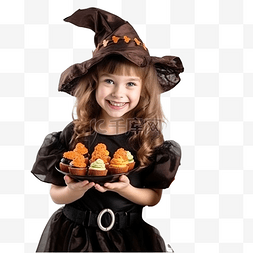 糖果女巫图片_穿着女巫服装的小女孩拿着南瓜杰