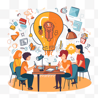 灯泡人图片素材_集思广益剪贴画一群人围坐在桌子周围,中间卡通片中有