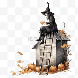 坐在梯子上的女孩图片_万圣节，一个穿着裙子戴着女巫帽