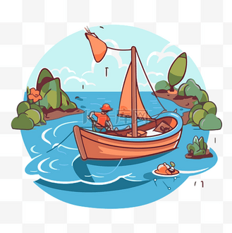 风景卡通中一艘渔船的划船剪贴画插图 向量