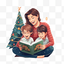 小男孩阅读图片_母子在装饰精美装饰有圣诞树的房