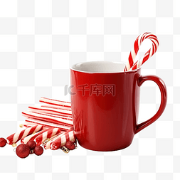 圣诞糖果拐杖图片_红色金属杯，配有茶和圣诞装饰的