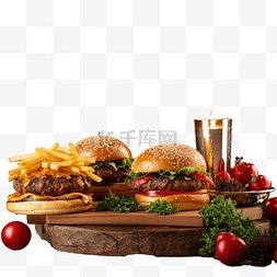 芝士年糕条图片_木板上自制的汉堡和薯条，墙上有