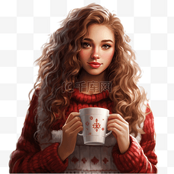 喝咖啡的杯子图片_穿着圣诞毛衣的女孩在窗边拿着杯