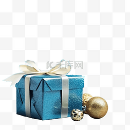 赠送礼盒图片_蓝色礼盒，蓝色桌子上有圣诞球