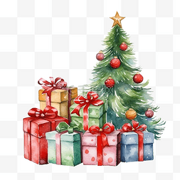 水彩套图片_圣诞树和礼物的水彩插图集