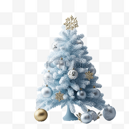 风格主义图片_蓝桌上有圣诞装饰的雪圣诞树