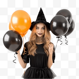 橙色连衣裙图片_年轻女巫拿着黑色和橙色气球参加