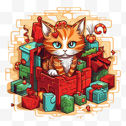 礼物圣诞矢量图图片_圣诞迷宫拼图猫和礼物
