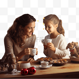 女孩和母亲在家里的圣诞厨房里用
