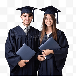 穿着毕业礼服拿着文凭的快乐微笑