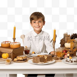 客厅食物图片_男孩为庆祝感恩节提供节日餐桌和