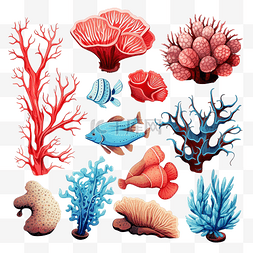 珊瑚海洋图片_一套棕色蓝色红色和水色珊瑚png插