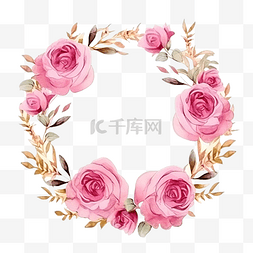 闪光粉色图片_水彩粉红玫瑰，带金色花环框架和