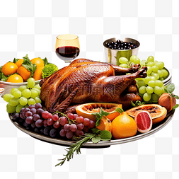 感恩节餐桌，配有水果和蔬菜烤鸭