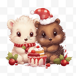 卡通可爱圣诞兔子和刺猬吃甜食