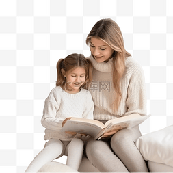 妈妈在家里的圣诞树旁给小女儿读