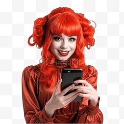 拿的手机图片_一个戴着红色假发穿着万圣节服装