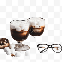桌上放着咖啡和棉花糖的眼镜，上
