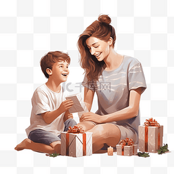 坐着小孩图片_妈妈和儿子藏着礼物，准备迎接妈