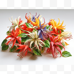 五颜六色的花在一个有叶子的花瓶