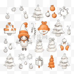圣诞球橙色图片_圣诞插画套装，配有雪花帽子明星