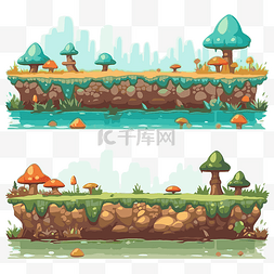 城市卡通蘑菇景观水平剪贴画集 