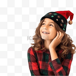 迷茫的女孩图片_戴着圣诞帽的女孩在没有焦点的墙