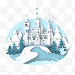 森林城堡图片_冬天山上美丽的城堡插画