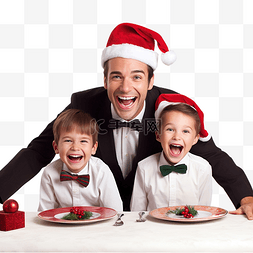 吃圣诞晚餐图片_爸爸和儿子在圣诞晚餐的餐桌上玩