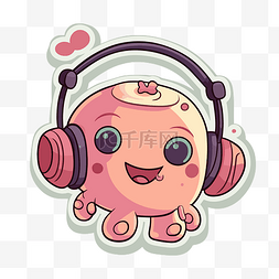 可爱的卡通章鱼戴着耳机听音乐 