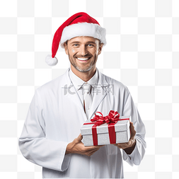 戴帽子的男医生图片_穿着白色制服戴着圣诞礼物的圣诞
