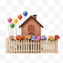 木屋模型图片_带气球花盆围栏的 3d 模型木屋