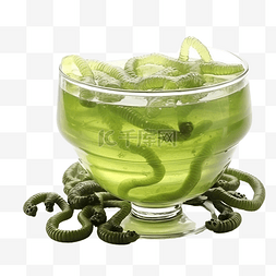 橘子柠檬汽水图片_桌上放着绿色饮料和蠕虫的玻璃杯