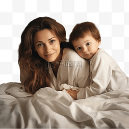 躺在床上的婴儿图片_快乐的妈妈和她的孩子躺在床上，