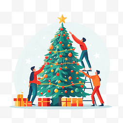 动画可爱图片_圣诞节庆祝人们装饰圣诞树并赠送