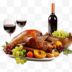 感恩节晚餐图片_感恩节晚餐，包括烤鸭水果蔬菜和