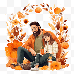 感恩父图片_感恩节快乐爸爸和女儿坐树叶装饰