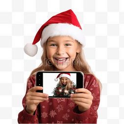 女孩用智能手机为家人拍照庆祝圣